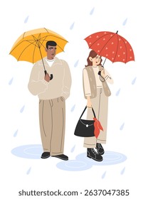 Young multiracial couple standing under umbrellas in the rain. Flat vector illustration on white background