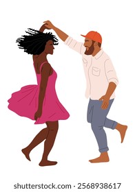 Young multiracial Dancing Couple. Young man and woman in dance pose. Vector flat illustration isolated on white background. 