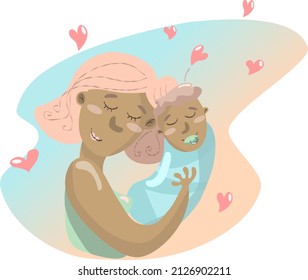 Young mum hugging with newborn baby, colorful background