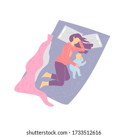 Young mum, single mother gently, carefully hugs a baby, a child. Parent and son or daughter are lying on a bed, dreaming or sleeping peacefully. Colorful vector illustration on a white background