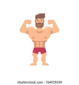 Young muscular bearded man flat illustration. Fitness flat character