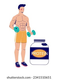 Young muscular bodybuilder holding weights dumbbells standing nearby protein bottle canister isolated on white background. Vector illustration of sportsman advertising sport nutrition supplement