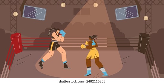 Junge, muskulöse Kämpferinnen im Boxring. Vektorillustration mit Augenblicken des Sparrings und Comic-Figuren in Sportbekleidung und Boxhandschuhen