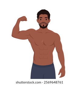 Young muscular man flexing bicep. Flat vector illustration isolated on white background