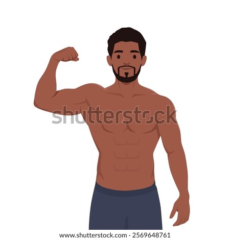 Young muscular man flexing bicep. Flat vector illustration isolated on white background