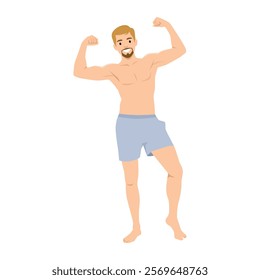 Young muscular man flexing biceps and smiling happy. Flat vector illustration isolated on white background