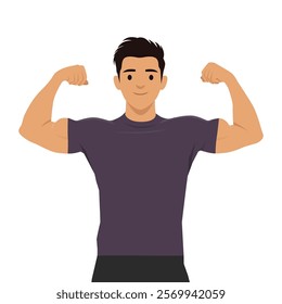 Young muscular man flexing biceps and smiling happy. Flat vector illustration isolated on white background