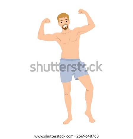 Young muscular man flexing biceps and smiling happy. Flat vector illustration isolated on white background