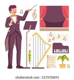 Young Music Conductor Man in tuxedo suit with a Baton and professional equipment of musical, stage, music sheet with stand and piano in cartoon style, vector illustration