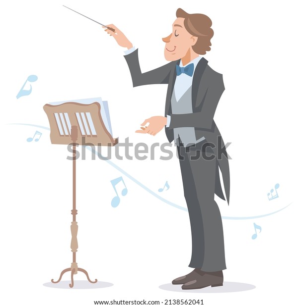 A young music conductor waving a conductor\'s\
baton. Standing with flying musical notes. Vector illustration in\
flat cartoon style.