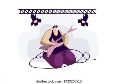 Young musician, band member playing electric guitar, guitarist solo, punk rock music show. Metal concert, stage performance concept cartoon sketch. Flat vector illustration