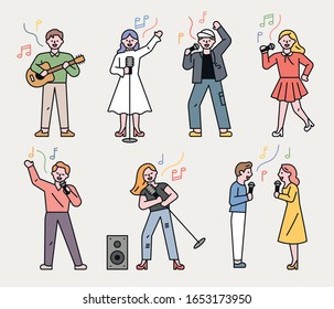 Young musician characters singing on the street. flat design style minimal vector illustration.