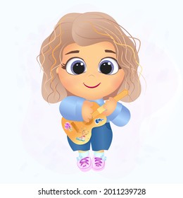 Young musician. Cute little girl plays the guitar. Watercolor vector illustration.