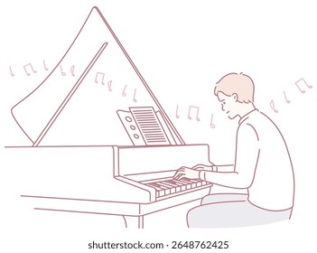 A young musician enjoys playing a grand piano, surrounded by musical notes, showcasing creativity and passion.