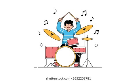 Jovem Músico Tocando Entusiasticamente um Kit de Bateria com Notas Musicais Flutuando ao Seu Redor em uma Ilustração Animada