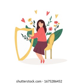 Young musician girl playing harp, Favorite hobby, leisure time. Vector illustration