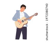 Young musician performing music on acoustic guitar. Happy guitarist standing and playing romantic melody. String instrument player. Colored flat vector illustration isolated on white background