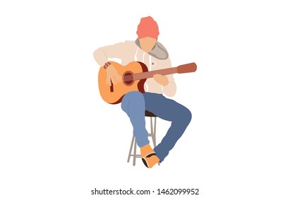 Young musician performing music on acoustic guitar. Happy guitarist standing and playing romantic melody. String instrument player. Colored flat vector illustration isolated on white background