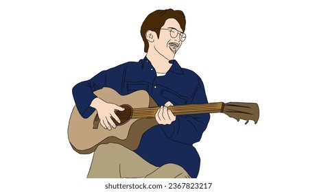 Young musician performing music on acoustic guitar. Happy guitarist sitting and playing melody. vector illustration isolated on white background