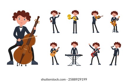 Young musician performing various instruments in a creative illustration