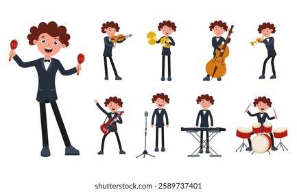 Young musician performing various instruments in a vibrant cartoon illustration