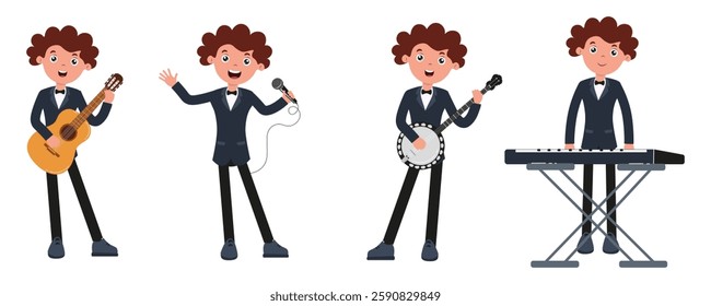 Young musician performing with various instruments in a playful and colorful style