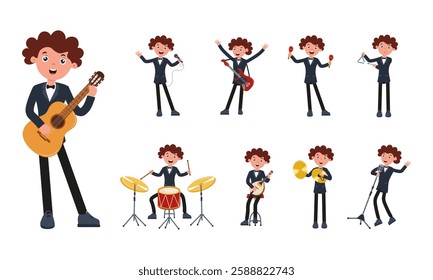 Young musician performs various instruments in vibrant animated style