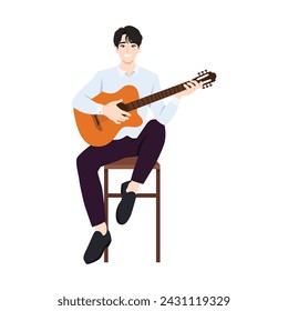 Young Musician play acoustic guitar. Classical music performance. Guitarist sit on stool. Flat vector illustration isolated on white background