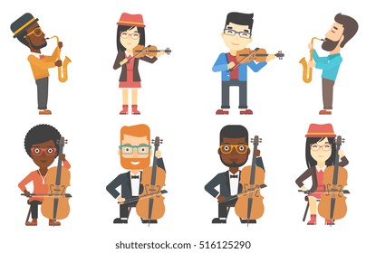 Young musician playing cello. Musician performing with cello. Cellist playing classical music on cello. Man with cello and bow. Set of vector flat design illustrations isolated on white background.