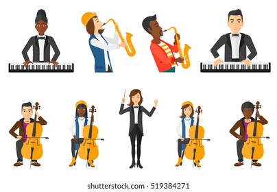 Young musician playing cello. Musician performing with cello. Cellist playing classical music on cello. Man with cello and bow. Set of vector flat design illustrations isolated on white background.