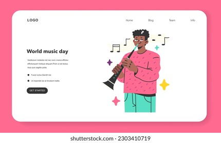 Young musician playing clarinet web banner or landing page. Black clarinetist performing jazz music. Orchestra instrumentalist playing classic melody. Flat vector illustration