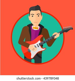 Young musician playing electric guitar. Man practicing in playing guitar. Guitarist playing music. Vector flat design illustration in the circle isolated on background.