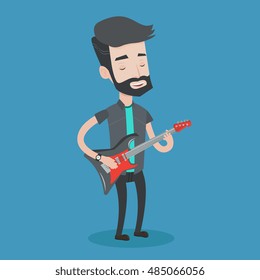 Young musician playing electric guitar. A hipster man with the beard practicing in playing guitar. Guitarist with his eyes closed playing music. Vector flat design illustration. Square layout.