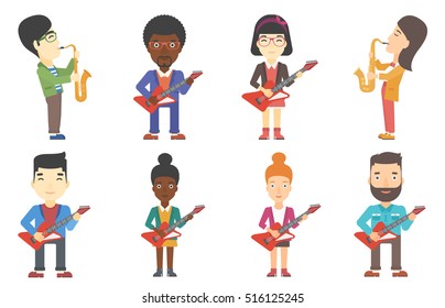 Young musician playing electric guitar. Guitarist practicing in playing electric guitar. Saxophonist performing with saxophone. Set of vector flat design illustrations isolated on white background.