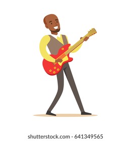 Young musician playing electric guitar. Colorful character vector Illustration