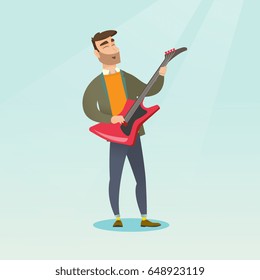 Young musician playing the electric guitar. Hipster man with beard practicing in playing the guitar. Guitarist with closed eyes playing the guitar. Vector flat design illustration. Square layout.