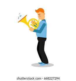 Young musician playing french horn cartoon character vector Illustration