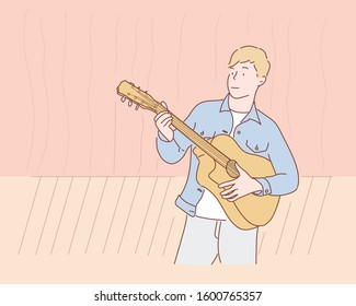 Young musician playing guitar on stage.Eps10 vector.