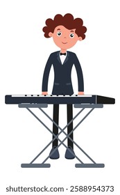 Young musician playing keyboard at a performance event in a stylish outfit