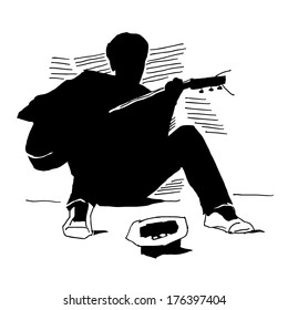 Young musician playing on guitar on the street with hat  waiting for donation silhouette on white background