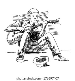 Young musician playing on guitar on the street with hat  waiting for donation drawing on white background