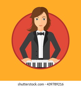 Young musician playing piano. Pianist playing upright piano. Female artist playing on synthesizer. Vector flat design illustration in the circle isolated on background.