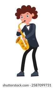 Young musician playing saxophone in formal attire with curly hair indoors