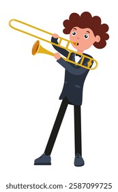 Young musician playing trombone in stylish outfit with curly hair during a performance