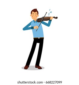 Young musician playing a violin cartoon character, violinist playing classical music vector Illustration