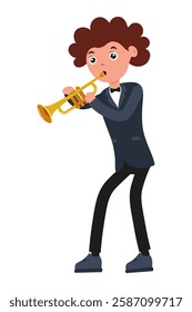 Young musician plays trumpet with enthusiasm during a lively performance