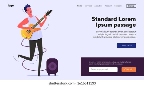 Young musician singing and playing electric guitar. Guitar player practicing skills flat vector illustration. Music performance, music instrument concept for banner, website design or landing web page