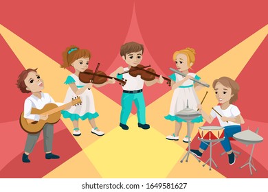 Young musicians perform on stage. Performance at a childrens music school. Kids playing guitar, drums, flute, violin. Cartoon flat style drawing