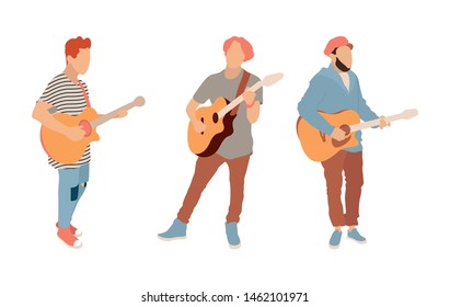 Young musicians performing music on acoustic guitar. Happy guitarists standing and playing romantic melody. String instrument players. Colored flat vector illustrations isolated on white background