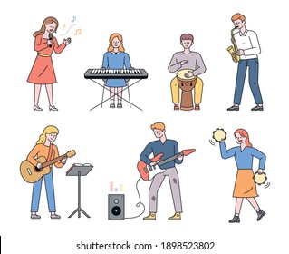 Young musicians playing various instruments such as keyboard, tambourine, trumpet, djembe, guitar flat design style minimal vector illustration.